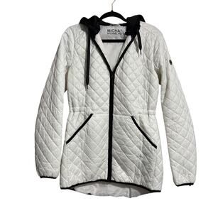 Michael Kors White & Black Trim Quilted Nylon jacket with Hood & Pockets Medium